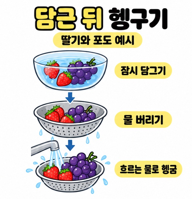 딸기와 포도를 볼에 잠시 담근 뒤 물을 버리고 채반에서 흐르는 물로 헹구는 세 단계 도식