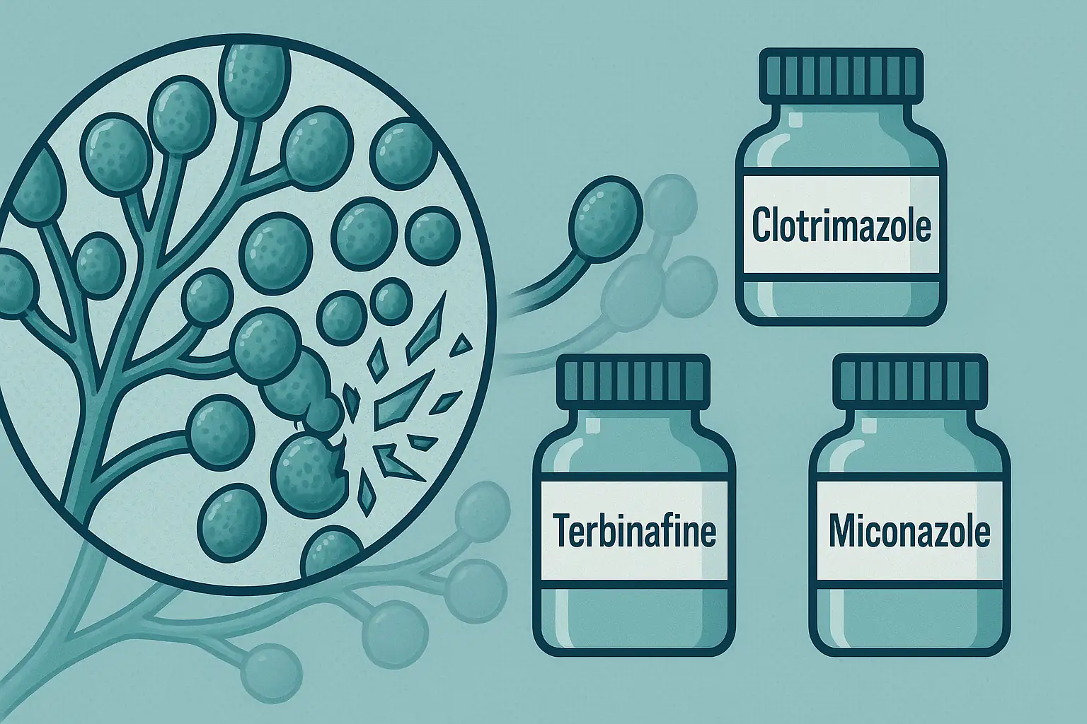 현미경 속 곰팡이 세포벽이 깨지는 모습, 옆에는 약물 성분명이 상징적으로 약병 아이콘 위에 표시된 장면 (Clotrimazole, Terbinafine, Miconazole)