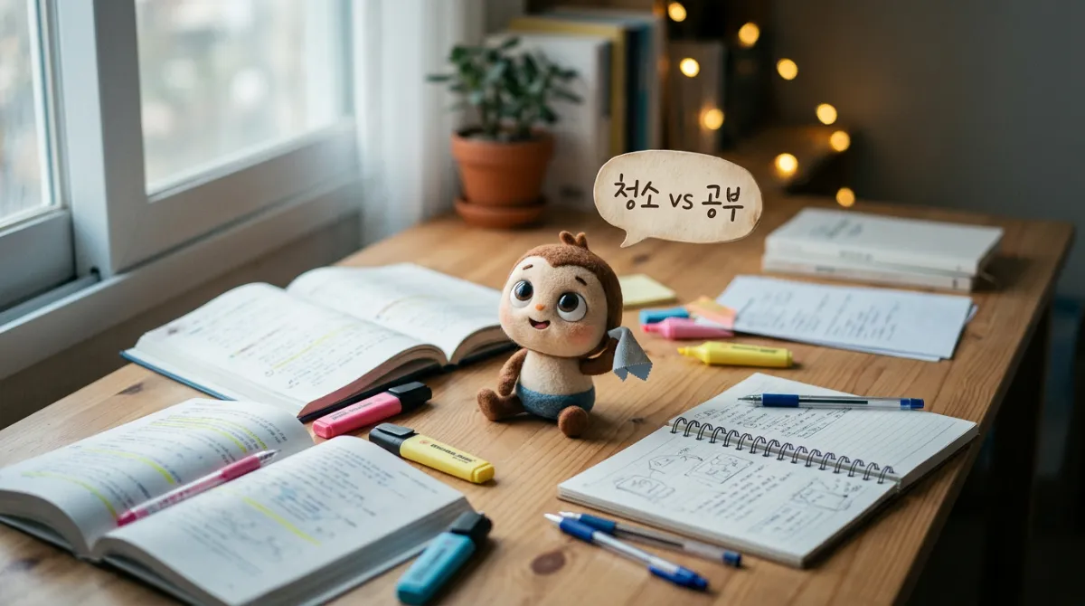 시험공부 전 어수선한 책상과 청소 충동 이미지