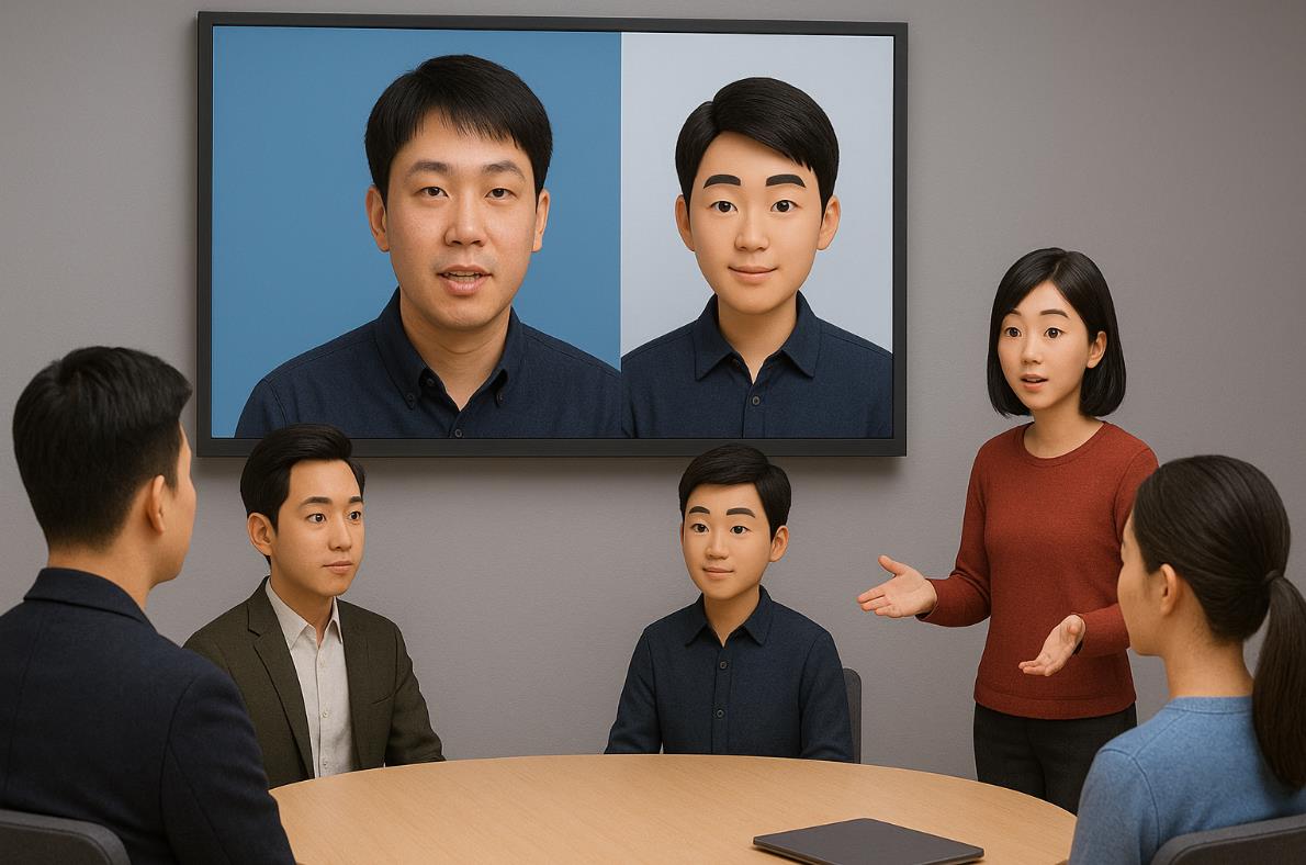 ChatGPT의 말:
회의실에서 직장인들이 아바타와 실제 얼굴을 비교하며 메타버스 회의에 참여하는 모습