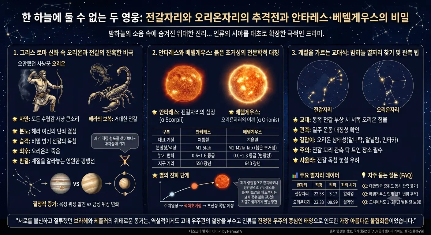 한 하늘에 둘 수 없는 두 영웅: 전갈자리와 오리온자리의 추격전과 안타레스&middot;베텔게우스의 비밀