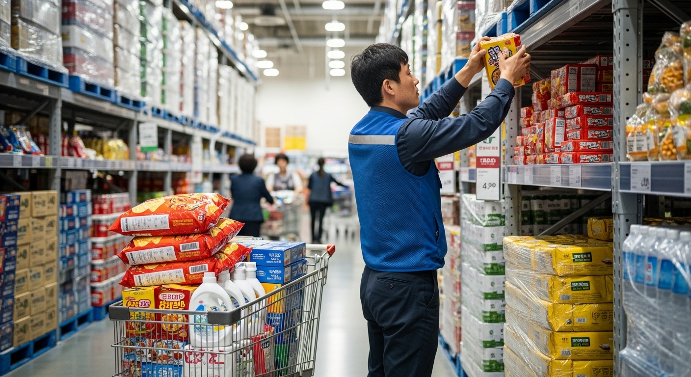 과자와 생활용품을 카트에 담는 쇼핑 장면 