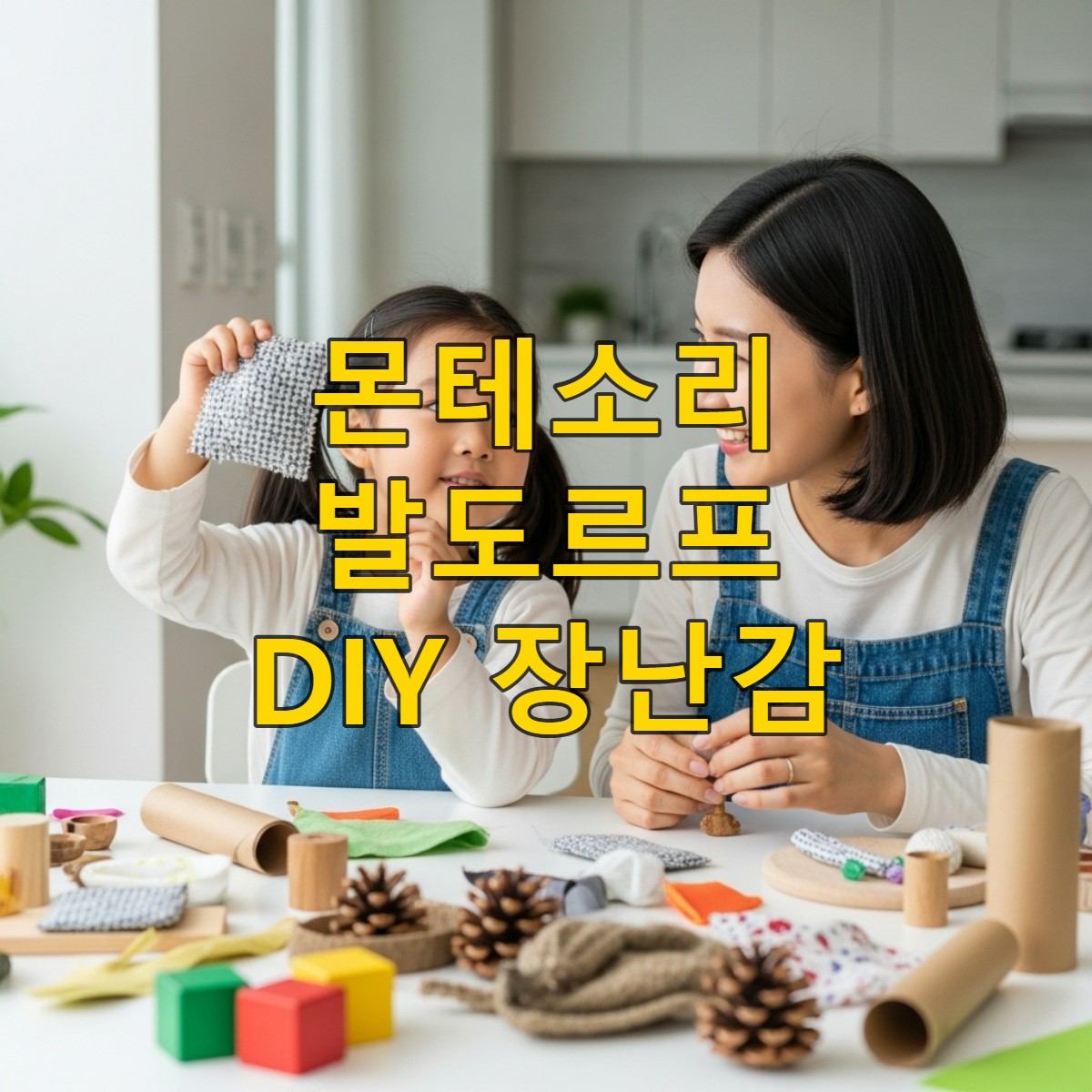 한국 엄마와 아이가 집에서 자연 소재와 재활용품으로 친환경 DIY 장난감을 만들며 즐거워하는 모습