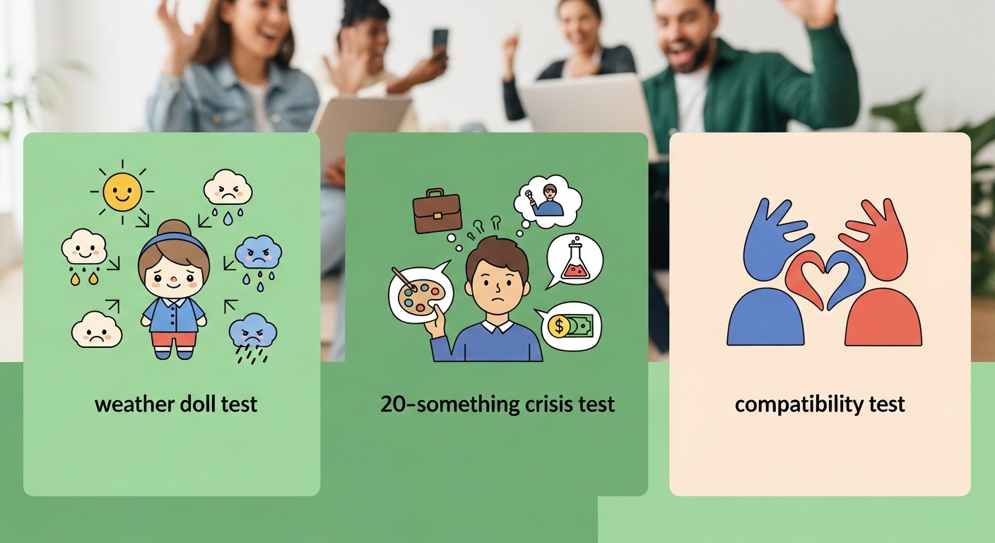 2025년 인기 바이럴 테스트 3가지(날씨 인형, 이십춘기, 환상의 짝꿍)를 보여주는 디지털 인터페이스.