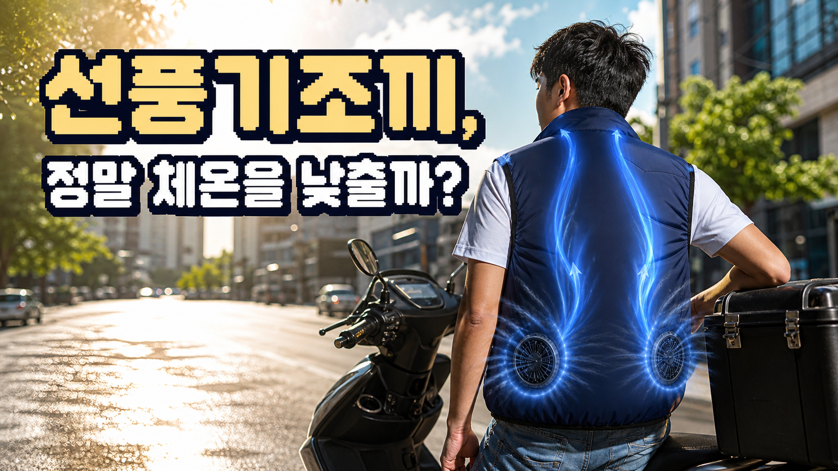 폭염 속 신호를 기다리는 배달기사의 선풍기조끼