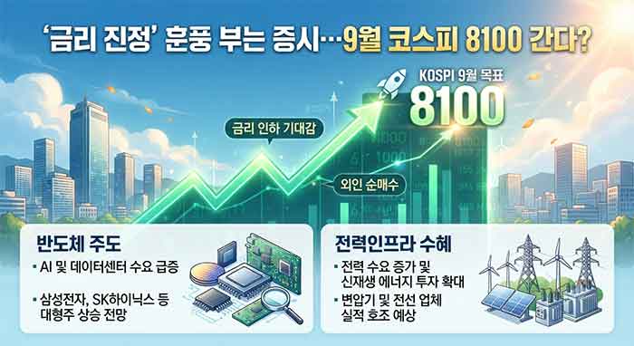 코스피 8100 전망과 반도체·전력인프라 증시 이미지.