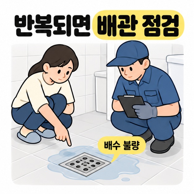 반복되면 배관 점검이라는 제목 아래 집주인과 설비 점검자가 물이 고인 배수구를 함께 살피고 배수 불량 문구가 표시된 모습