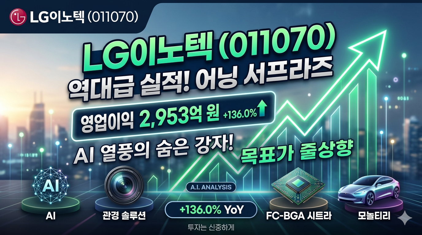 LG이노텍(011070)의 2026년 1분기 어닝 서프라이즈를 분석한 유튜브 스타일의 썸네일 이미지입니다. 배경은 미래 도시 야경과 함께 강력하게 상승하는 초록색 네온 그래프가 그려져 있습니다.

상단에는 LG 로고와 'LG이노텍 (011070)' 텍스트가 있습니다. 중앙에는 크고 굵은 흰색 및 노란색 글씨로 'LG이노텍 (011070) 역대급 실적! 어닝 서프라이즈'라는 제목이 적혀 있습니다.

그 아래 파란색 네온 박스 안에는 핵심 지표인 '영업이익 2,953억 원 (+136.0% &uarr;)'이 강조되어 있습니다. 왼쪽 아래에는 'AI 열풍의 숨은 강자!'라는 흰색 텍스트가, 오른쪽 아래 그래프 위에는 '목표가 줄상향'이라는 초록색 텍스트가 있습니다.

최하단에는 4개의 미래형 원형 단상 위에 관련 아이콘들이 배치되어 있습니다. 왼쪽부터 'AI', '광학 솔루션' (카메라 렌즈 아이콘), 'FC-BGA 기판' (반도체 칩 아이콘), '모빌리티' (자동차 아이콘) 텍스트와 아이콘이 있으며, 중앙에는 '+136.0% YoY' 지표가 표시되어 있습니다. 전반적으로 미래지향적이고 에너제틱한 금융 분석 분위기를 자아냅니다.