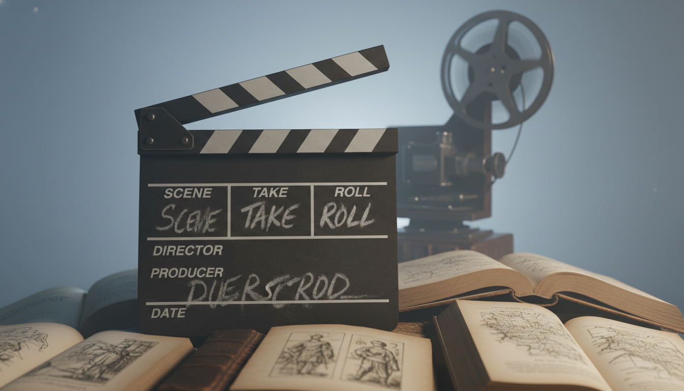펼쳐진 오래된 역사책 위에 빈티지 영화 슬레이트가 놓여 있는 이미지