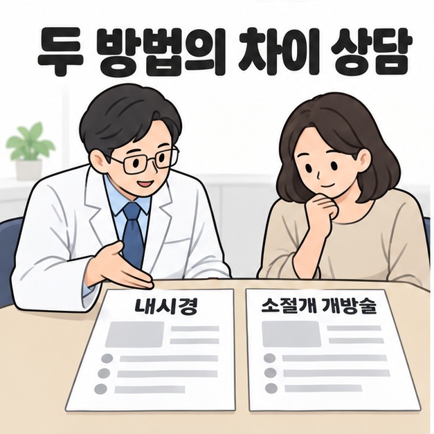 두 방법의 차이 상담 제목 아래 의료진과 환자가 내시경 및 소절개 개방술 자료를 함께 살펴보는 모습