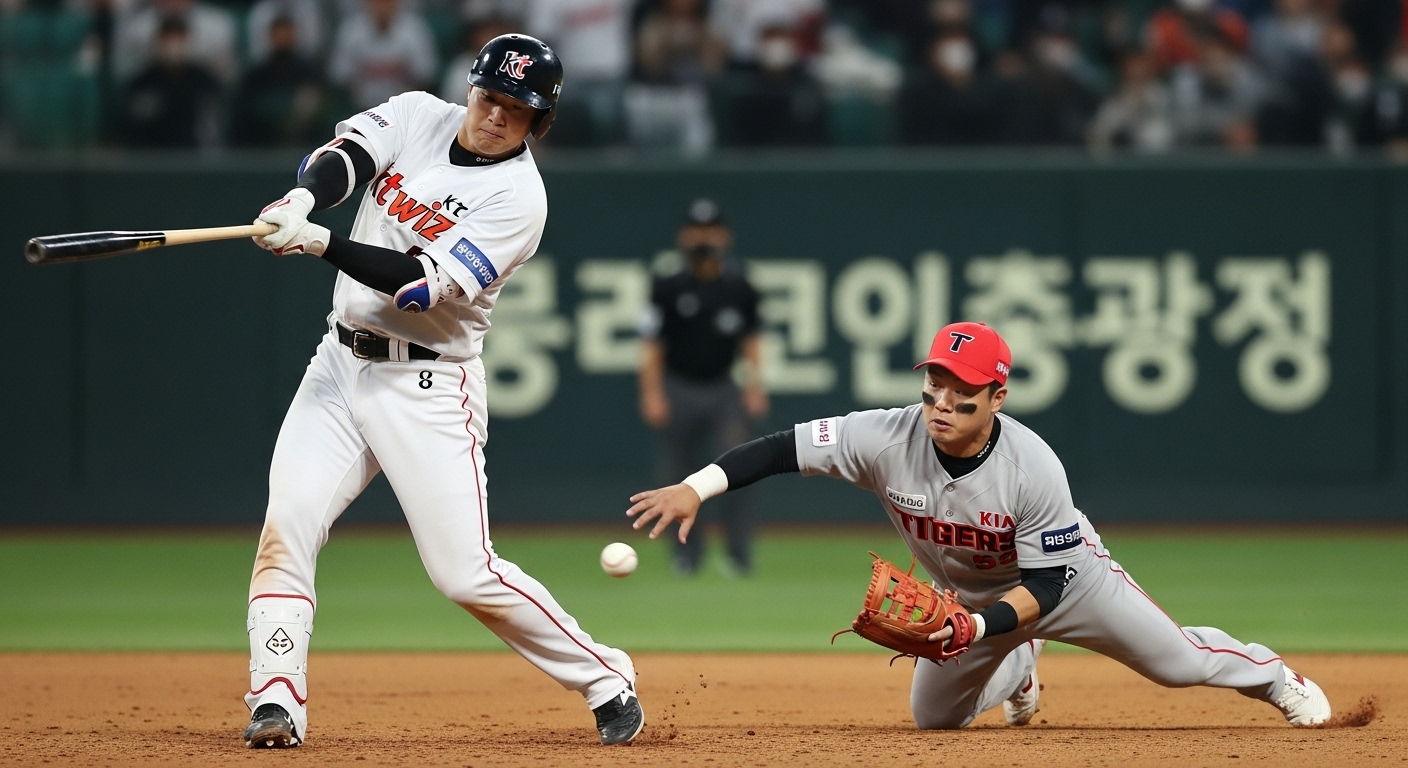 2025 KBO리그 FA 최대어로 꼽히는 강백호 선수와 박찬호 선수가 역동적으로 플레이하는 모습.