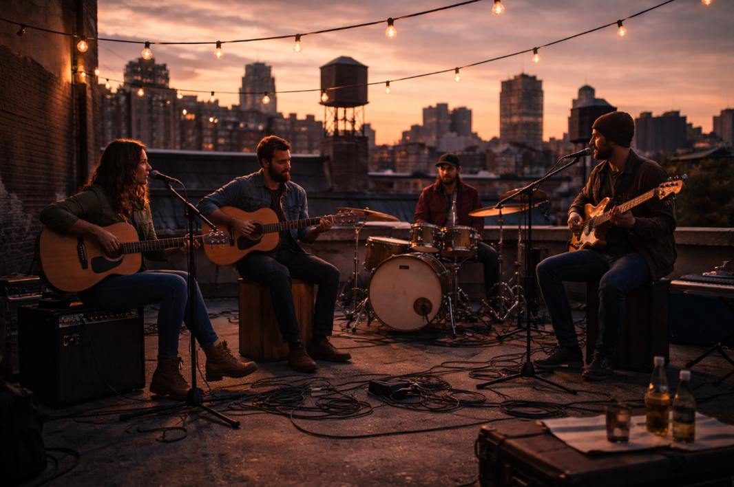 노을 지는 옥상 위에서 몇 명의 연주자가 소박하게 음악을 맞추는 장면