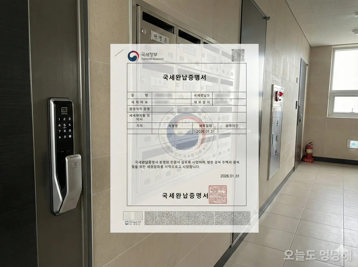 집주인 세금 체납 확인을 위한 납세증명서와 현관문