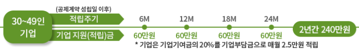 청년내일채움공제 정부 지원금, 기업 지원금, 기업 기여금, 기업 부담금 (30-49인 기업) (출처: 고용노동부)