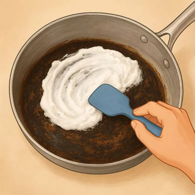 베이킹소다 활용법의 핵심인 베이킹소다 페이스트를 탄 냄비에 바른 모습