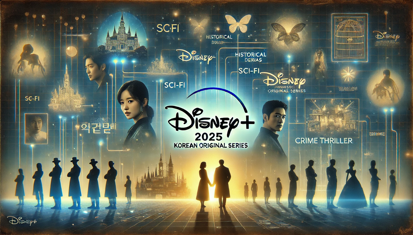 디즈니+ 2025년 한국 오리지널 시리즈의 화려한 라인업을 강조하는 디지털 아트. 배경에는 디즈니+ 로고와 함께 SF, 사극, 범죄 스릴러 등의 다양한 장르를 상징하는 요소들이 조화롭게 배치되어 있다. 주요 배우들의 실루엣이 몽환적으로 배경에 녹아 있으며, 화면 중앙에는 ‘2025 K-드라마 라인업’이라는 텍스트가 강조되어 있다. 전체적인 색감은 미래적인 블루톤과 따뜻한 골드 조명이 어우러져 세련된 분위기를 연출한다.