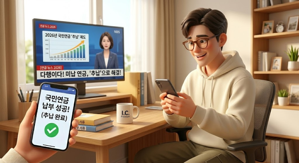 언론에서 국민연금 추납제도를 보도하고 검색하는 모습을 재현한 캐릭터 이미지