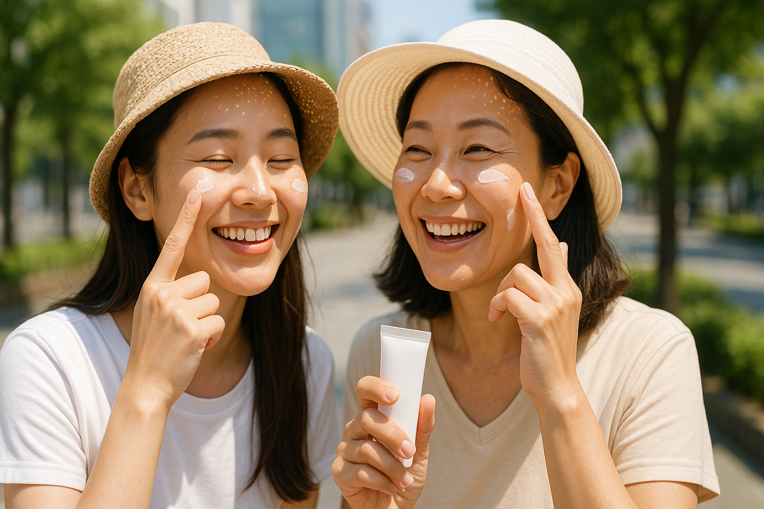 선크림을 바르는 모녀