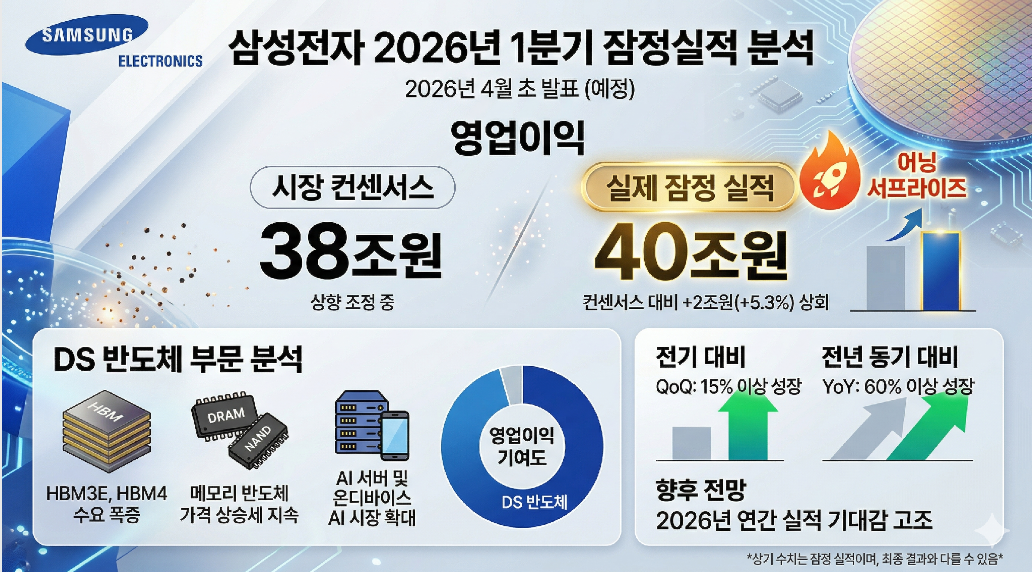 삼성전자 1분기 잠정실적 2026 영업이익 컨센서스 38조원 어닝 서프라이즈 40조원 DS 반도체