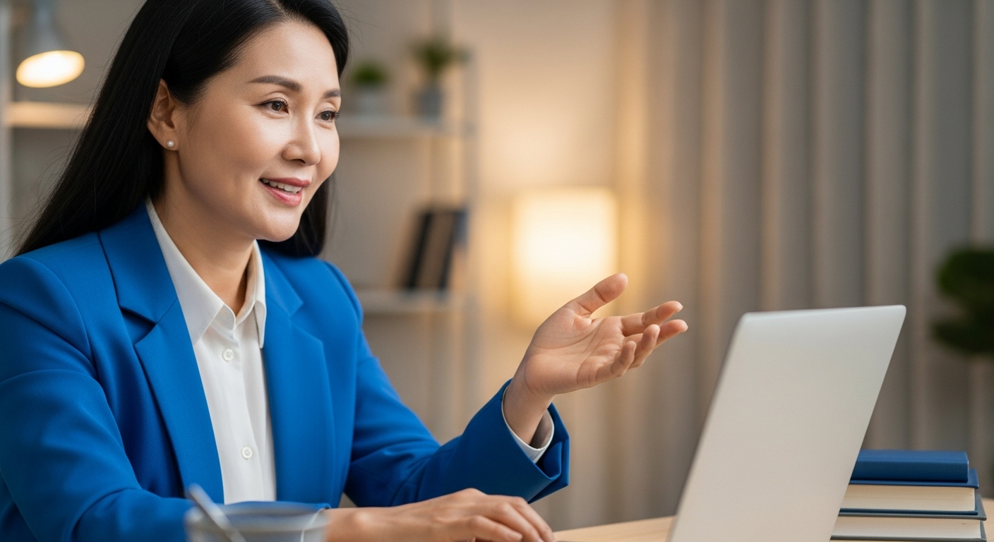 온라인 화상 통화를 통해 전문 지식을 가르치거나 컨설팅하는 중년 여성의 모습. 온라인 강의 및 컨설팅을 통한 수익 창출을 상징합니다.