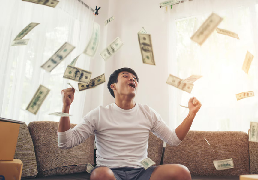 집에서 돈이 쏟아지는 듯 기뻐하는 남성, 안정적인 현금 흐름을 상징하는 이미지