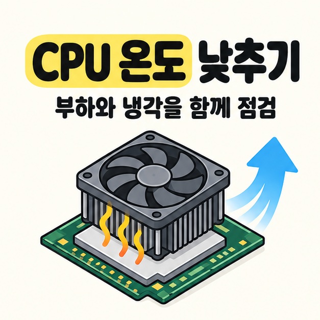 CPU 온도 낮추기 제목 아래 CPU 위의 방열판과 냉각팬, 열을 나타내는 곡선과 바깥으로 향하는 공기 화살표를 그린 대표 이미지