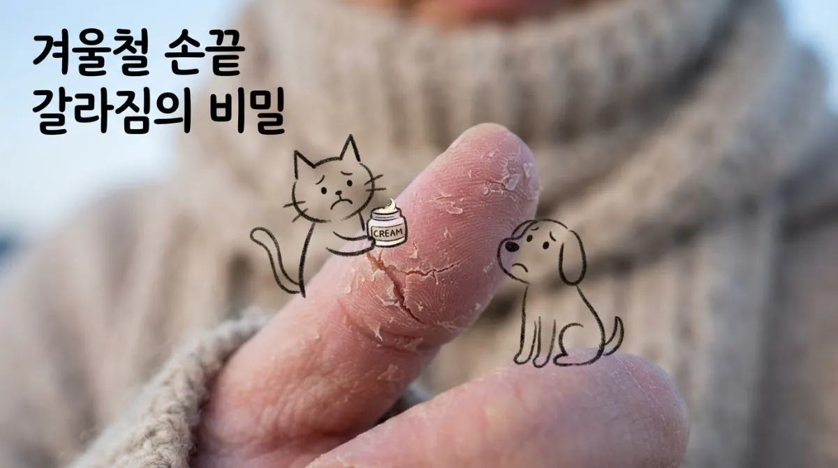 겨울철 건조하고 갈라진 손가락 끝 피부 근접 촬영에 슬픈 표정의 스틱 캣과 스틱 독 캐릭터가 함께 보습제를 들고 있는 이미지