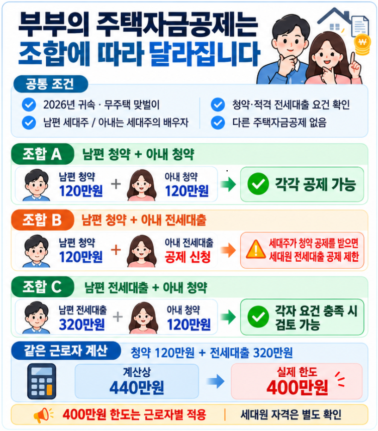 맞벌이 부부가 청약저축과 전세대출 원리금상환액 소득공제를 신청할 때 세대주와 배우자의 공제 조합에 따라 적용 결과가 달라지는 비교 이미지