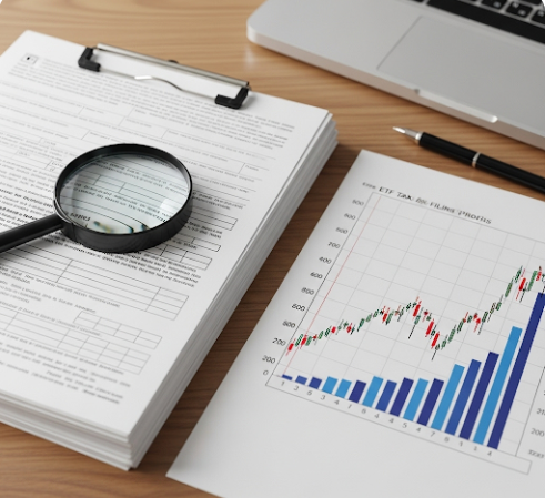 세금 서류와 돋보기, 그리고 성장하는 주식 그래프가 함께 놓여있는 이미지. ETF 세금 신고를 꼼꼼하게 관리하여 수익을 지키는 것을 상징