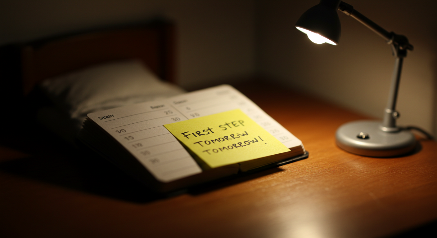 밤의 책상 위 미니어처 일기장과 작은 조명, '내일의 첫걸음' 메모가 보이는 틸트쉬프트 엔딩 장면