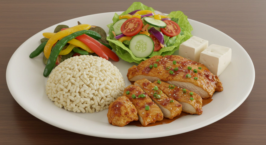 현미밥과 닭가슴살, 샐러드로 구성된 균형 잡힌 한 끼 식단