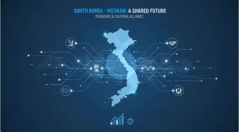 한국과 베트남 간의 경제적, 문화적 교류가 활발함을 시각적으로 보여주는 인포그래픽. 무역, 투자, 인적 교류가 상호 연결된 모습입니다.