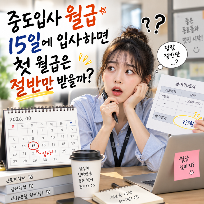 중도입사 월급을 계산하기 위해 15일 입사일과 첫 급여명세서를 확인하며 월급이 절반인지 궁금해하는 직장인 이미지