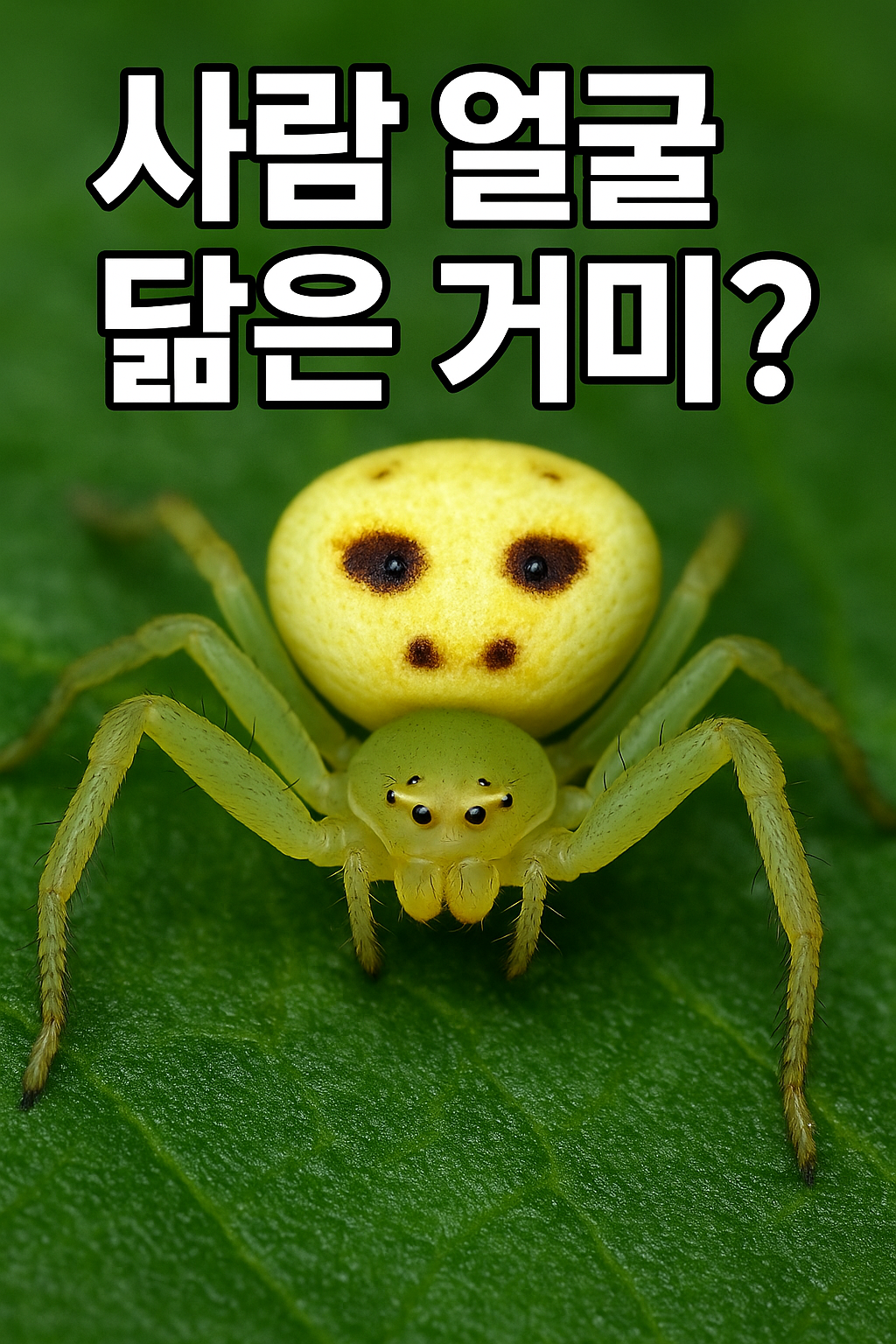 “사람 얼굴처럼 보이는 무늬를 가진 노란색 게거미의 클로즈업 썸네일 이미지”