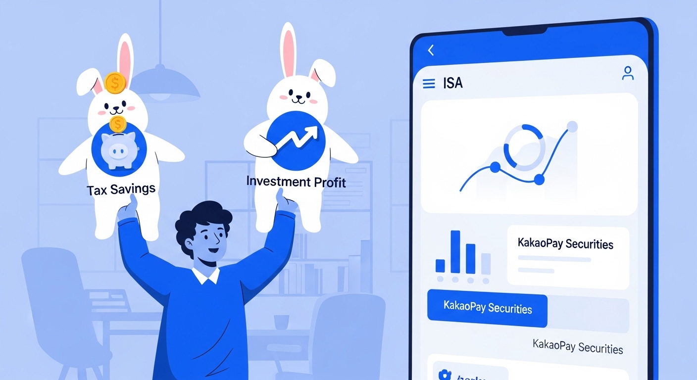 웃는 얼굴의 사람이 돼지 저금통과 상승 그래프 토끼를 들고 있는 모습. 배경에는 카카오페이증권 ISA 앱 화면이 보이는 금융 환경이 있어 절세와 수익을 동시에 얻는다는 개념을 시각적으로 나타냅니다.