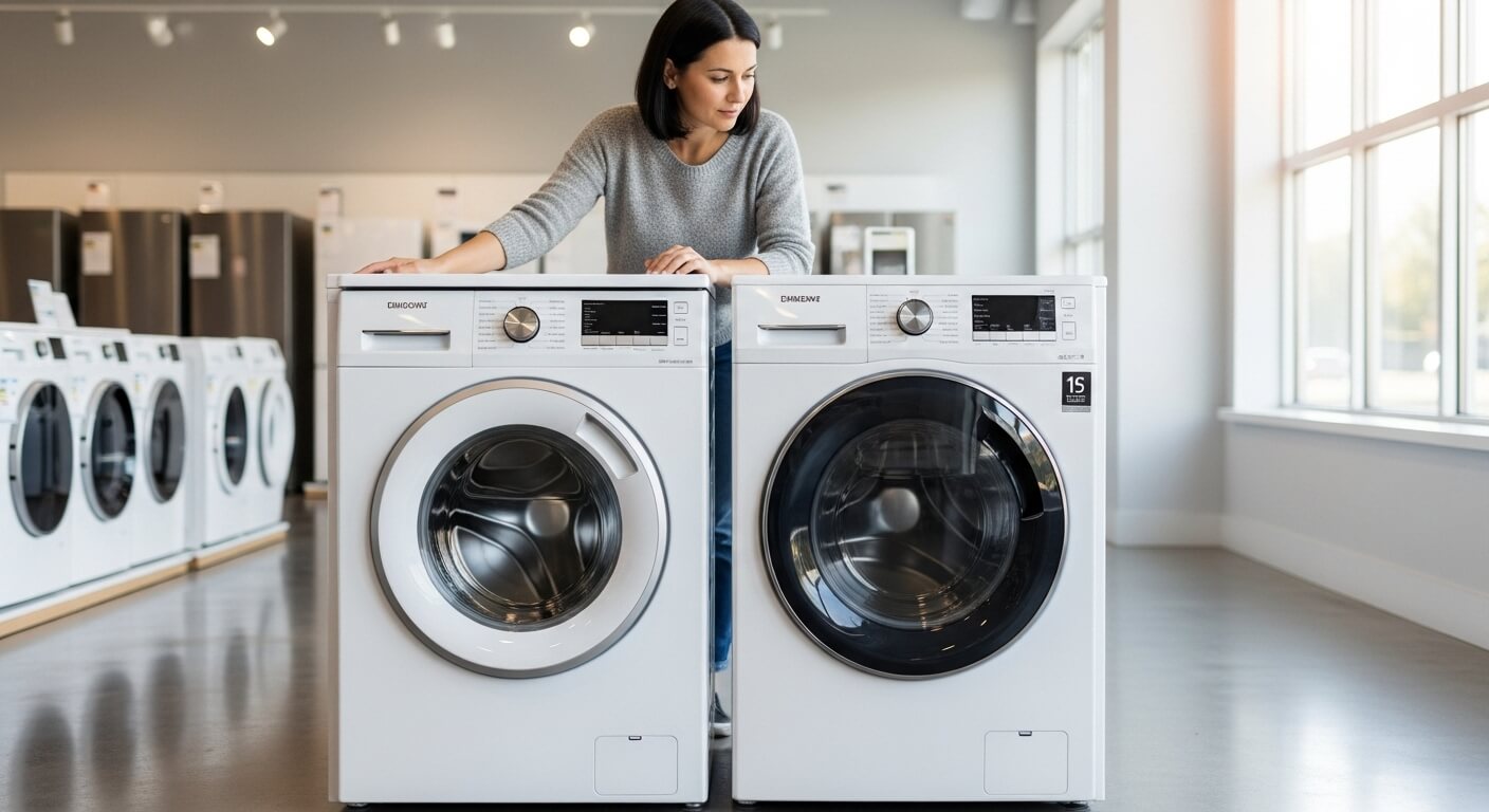 가전 매장에서 두 대의 세탁기를 살펴보는 여성