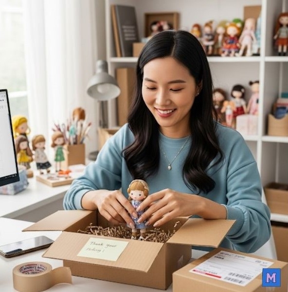 온라인쇼핑몰 소상공인이 홈오피스에서 상품을 정성스럽게 포장하며 배송 준비를 하는 모습, 지원금을 활용한 성공적인 사업 운영 장면 via canva