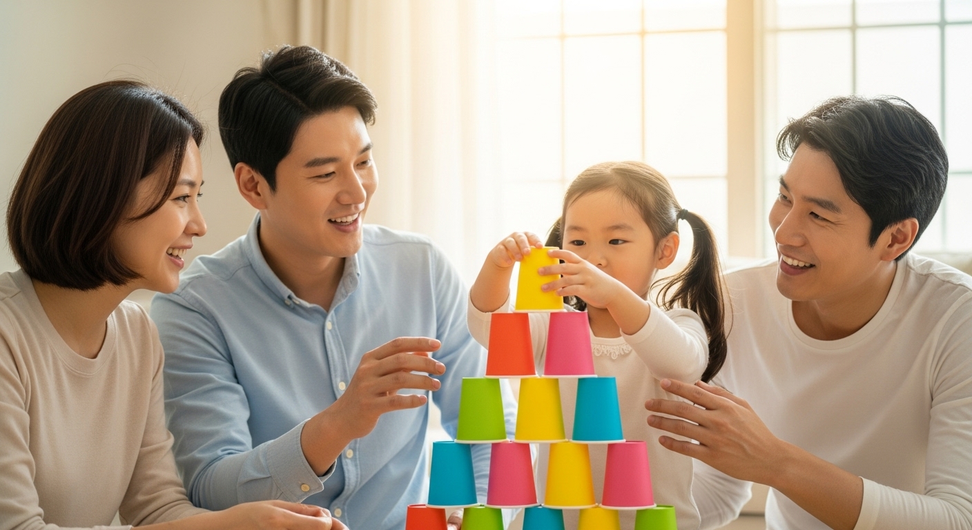 종이컵 탑 쌓기는 놀이와 소근육 발달을 동시에 도모할 수 있는 활동입니다. 자연스럽게 숫자 세기, 색 구별, 균형 감각을 익힐 수 있어요. 무너지면 박수! 성공하면 환호! 반복되는 성취 경험이 아이의 집중력을 높여줍니다. 색종이로 만드는 종이 인형극도 인기입니다. 손가락 인형을 만들어 "이 친구는 오늘 친구랑 싸웠대", "화가 나면 어떻게 해야 할까?" 같은 감정 표현을 자연스럽게 도와줄 수 있어요.