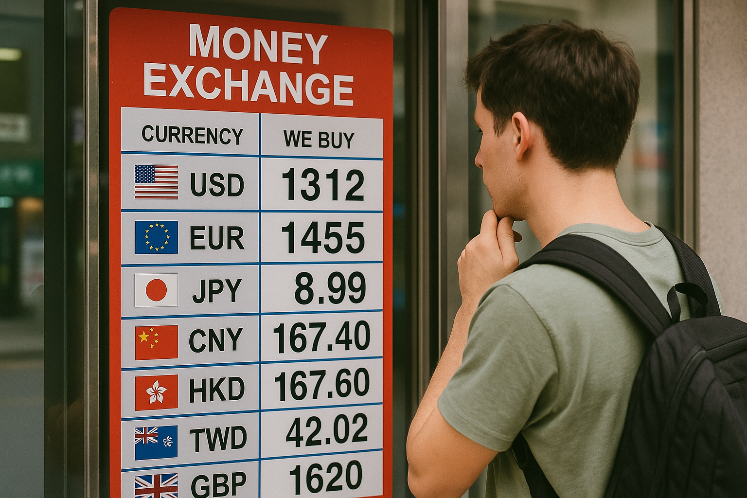 서울 명동 환전소 앞에서 환율표를 보는 여행자