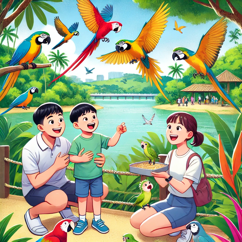 알록달록한 새들이 자유롭게 날아다니는 열대 식물원 속, 아이와 부모가 새에게 먹이를 주는 모습