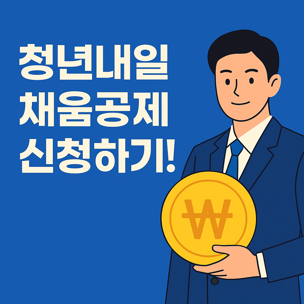 청년내일채움공제 신청하기!라는 문구와 함께 파란 배경 위에 정장을 입은 남성이 큰 금색 원화 코인을 들고 있는 홍보 일러스트