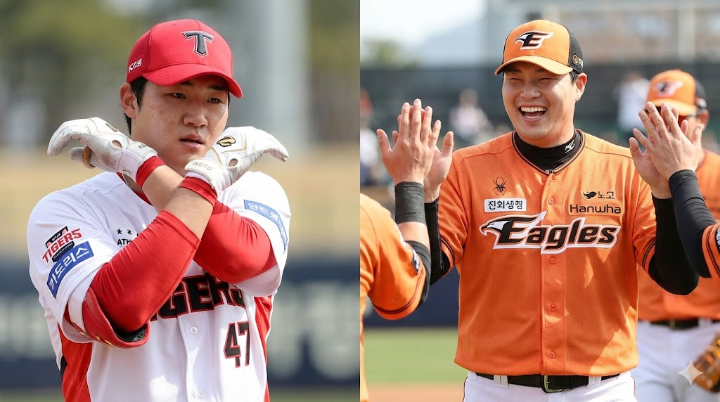 타격 훈련 중 땀을 닦으며 결의에 찬 표정을 짓는 김도영 선수와, 동료들과 파이팅을 외치며 여유롭게 웃고 있는 노시환 선수의 모습