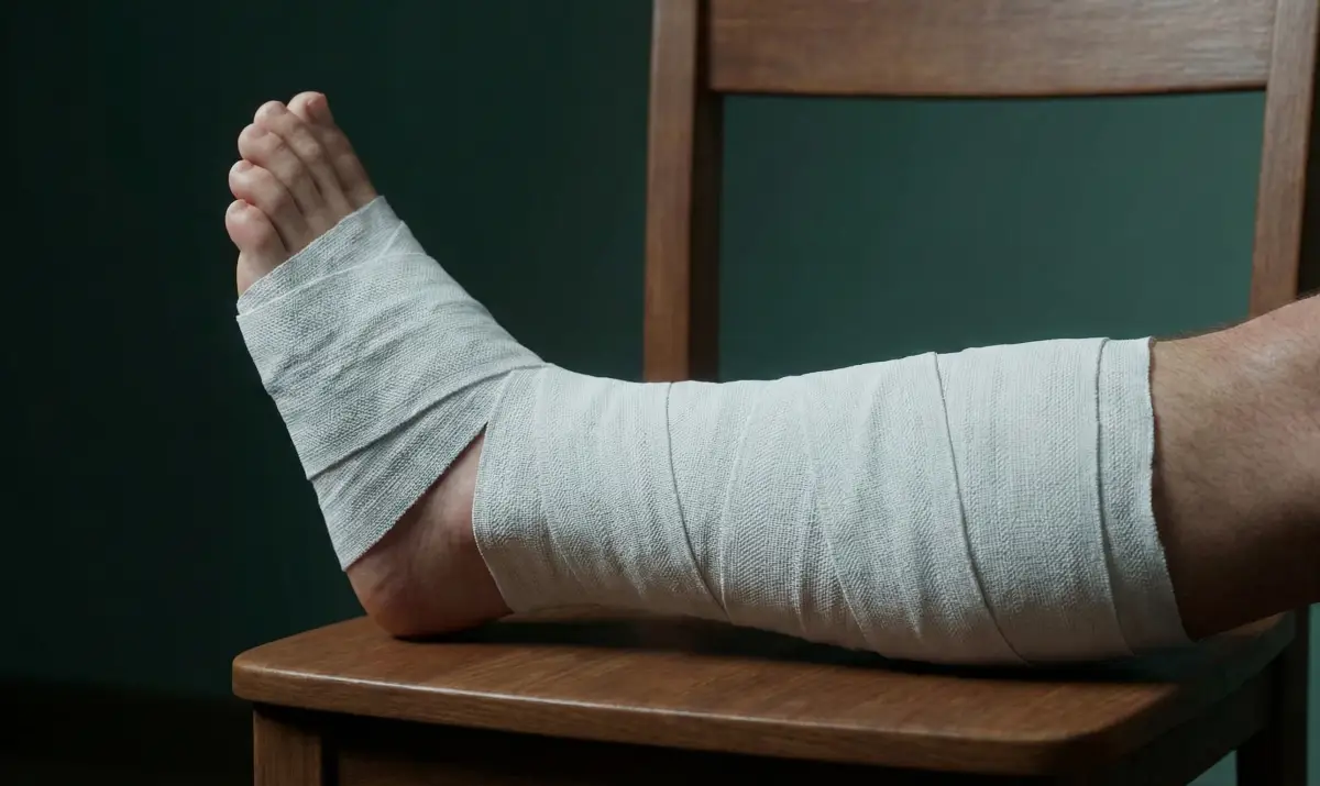 붕대를 감고 의자에 올려진 다친 다리, 휴식과 주의가 필요한 상황 묘사
