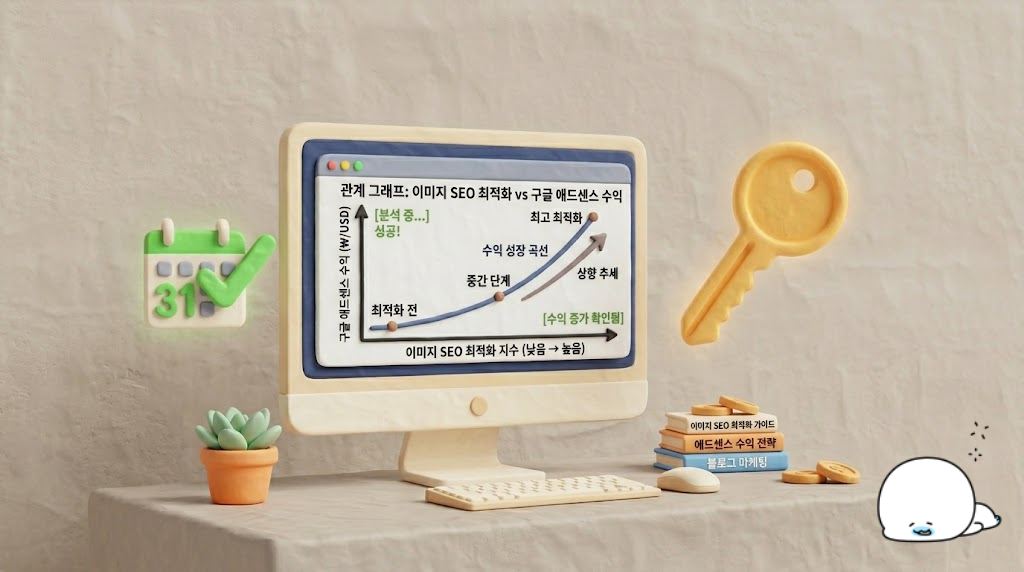 티스토리 블로그 이미지 SEO 최적화와 구글 애드센스 수익의 관계를 나타내는 그래프 - A minimal and clean 3D clay style illustration