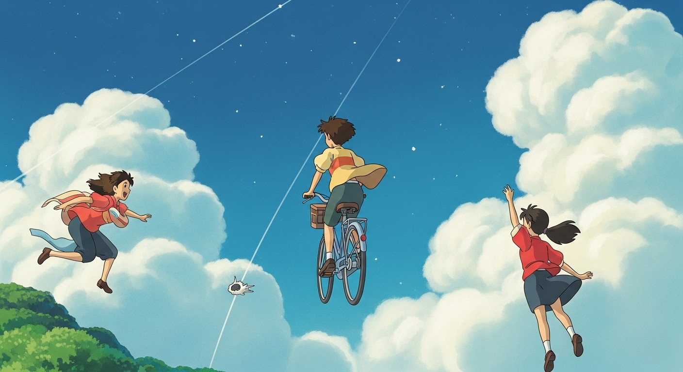 스튜디오 지브리 영화 분위기의 애니메이션 장면. 마법 같은 하늘을 배경으로 자전거를 타고 날아가는 캐릭터들이 동심과 경이로움을 불러일으킴.