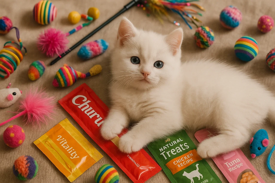 장난감과 간식에 둘러쌓여 있는 흰색 아기 고양이