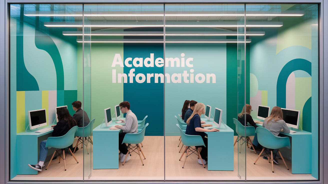 아카데믹인포메이션이라고 영문으로 유리창에 적혀있고 여러 나라 국적의 청년들이 컴퓨터를 하고 있는 이미지 사진