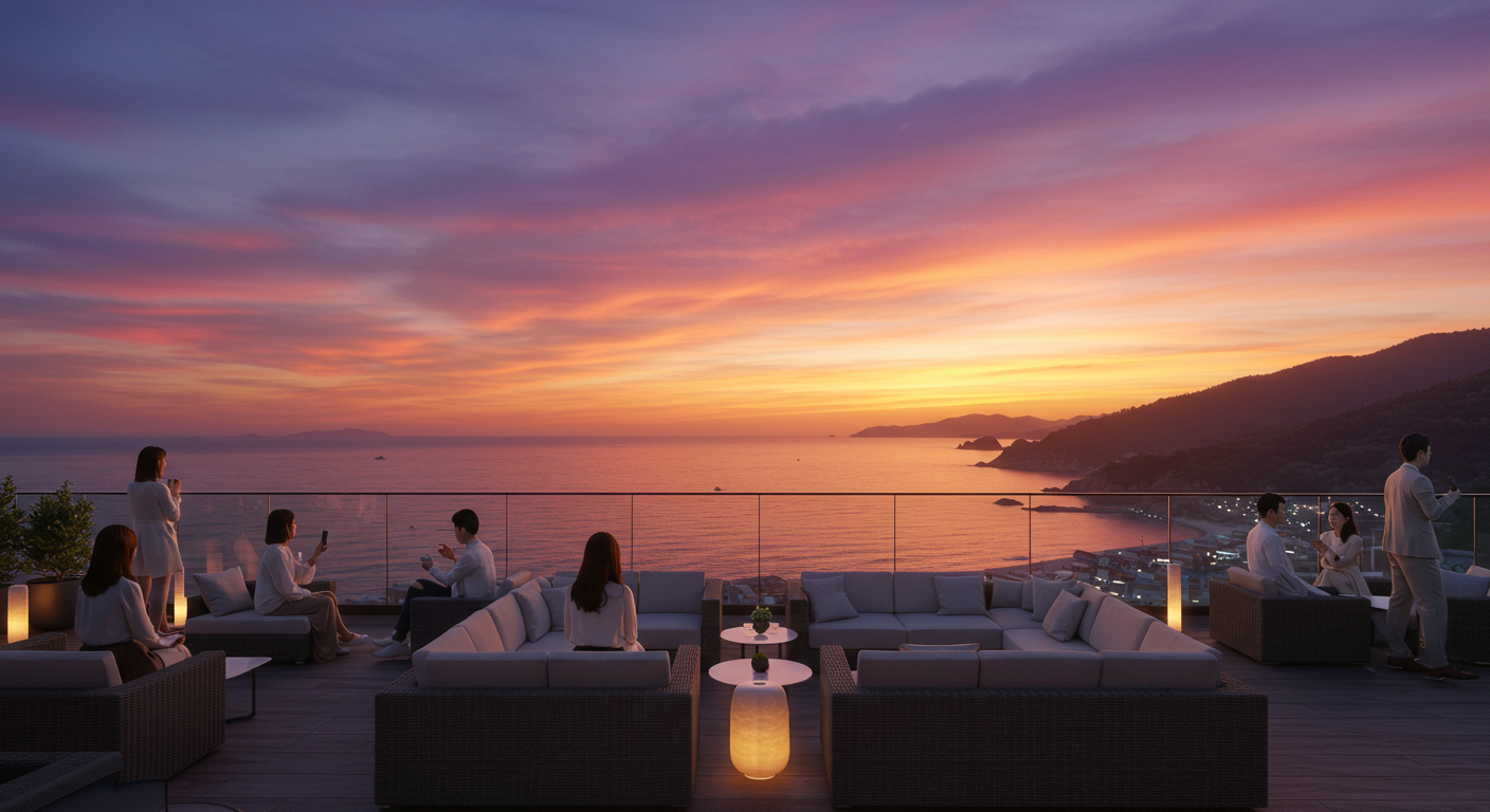 속초 라마다 루프탑 라운지에서 바라본 노을 지는 바다와 속초 해변