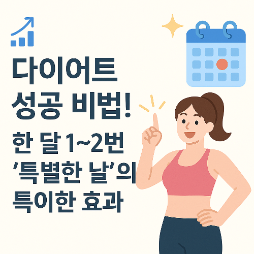 “운동복을 입은 여성 일러스트와 달력 아이콘이 함께 있는 다이어트 성공 비법 썸네일 – 한 달 1~2번의 특별한 날 전략을 설명하는 블로그 이미지”