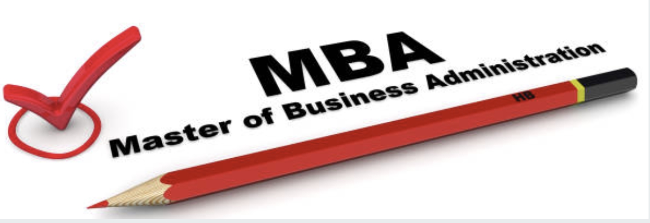 MBA Master of Business Administration 텍스트와 빨간색 체크표시, HB 연필이 강조된 이미지